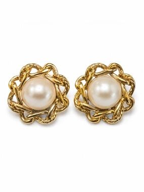 Givenchy Vintage Pearl Earrings Gold Chain Caged Chunky Signed Runway 1980s